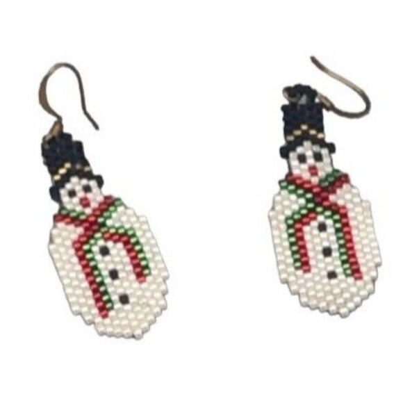 Handmade beaded snowman white black pierced earrings 2" long hat Christmas READ - Picture 1 of 5